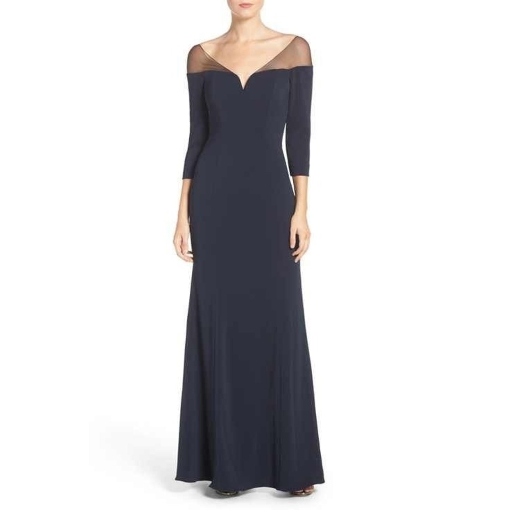 Badgley Mischka Collection Mesh Illusion Gown Dress Navy Sz 8 Formal Event